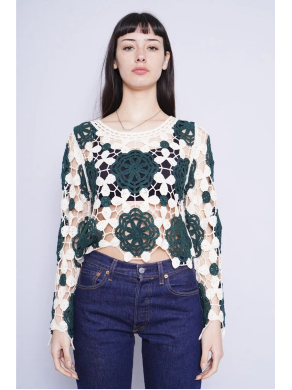 Rebellion Crochet Blouse Size S Green & Beige